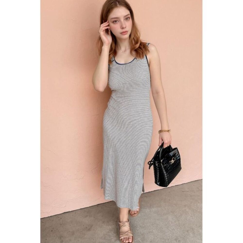 Everyday the Label Stripe Crisscross Side Slits Slim Fit Sleeveless Midi Dress - Picture 2 of 8